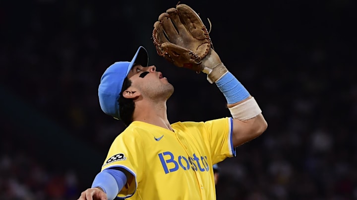 Jun 14, 2025; Boston, Massachusetts, USA;  Boston Red Sox third baseman Marcelo Mayer (39) tracks a pop fly during the fifth inning against the New York Yankees at Fenway Park. Mandatory Credit: Bob DeChiara-Imagn Images