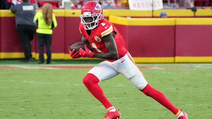 Oct 18, 2026; Kansas City, Missouri, USA;  Kansas City Chiefs wide receiver Xavier Worthy (1) runs after making a catch  during the fourth quarter against the Los Angeles Chargers at GEHA Field at Arrowhead Stadium.  Mandatory Credit: Denny Medley-Imagn Images