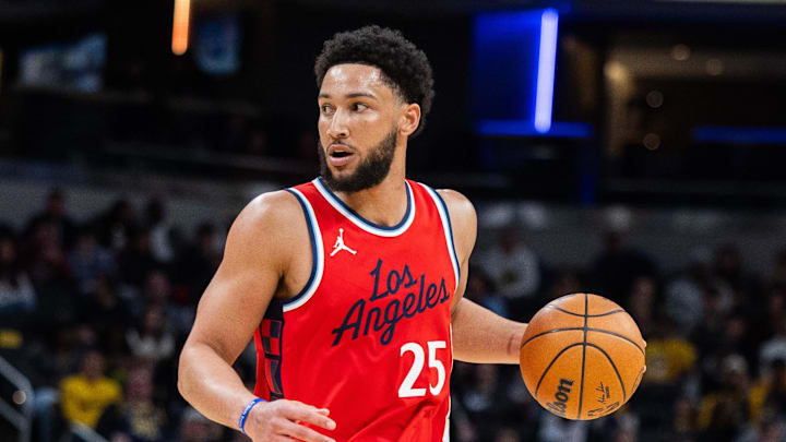 Feb 23, 2025; Indianapolis, Indiana, USA;  LA Clippers guard Ben Simmons (25) dribbles the ball  in the first half against the Indiana Pacers at Gainbridge Fieldhouse. Mandatory Credit: Trevor Ruszkowski-Imagn Images