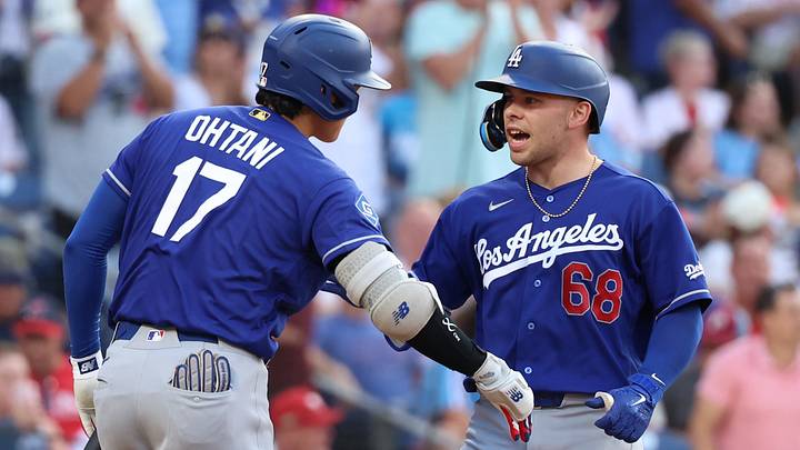 Jul 22, 2026; Philadelphia, Pennsylvania, USA; Los Angeles Dodgers catcher Dalton Rushing (68) reacts with two-way player Shohei Ohtani (17) after hitting a home run against the Philadelphia Phillies during the third inning at Citizens Bank Park. Mandatory Credit: Bill Streicher-Imagn Images Jul 22, 2026; Philadelphia, Pennsylvania, USA; Los Angeles Dodgers catcher Dalton Rushing (68) reacts with two-way player Shohei Ohtani (17) after hitting a home run against the Philadelphia Phillies during the third inning at Citizens Bank Park. Mandatory Credit: Bill Streicher-Imagn Images