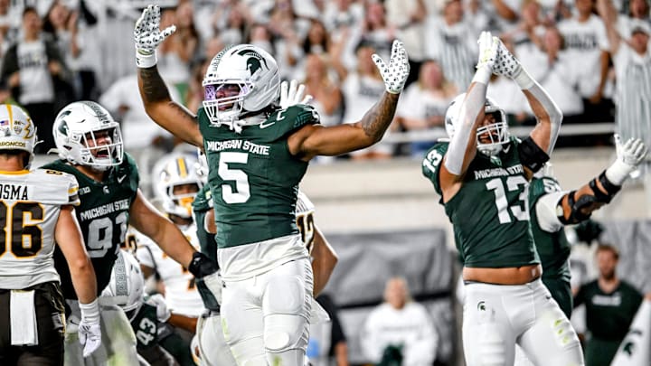Michigan State's Jordan Hall celebrates a safety against Western Michigan during the third quarter on Friday, Aug. 29, 2025, in East Lansing.