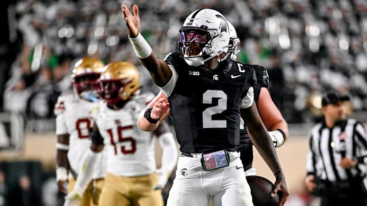 Michigan State's Aidan Chiles celebrates after a first down run against Boston College during the fourth quarter on Saturday, Sept. 6, 2025, at Spartan Stadium in East Lansing.