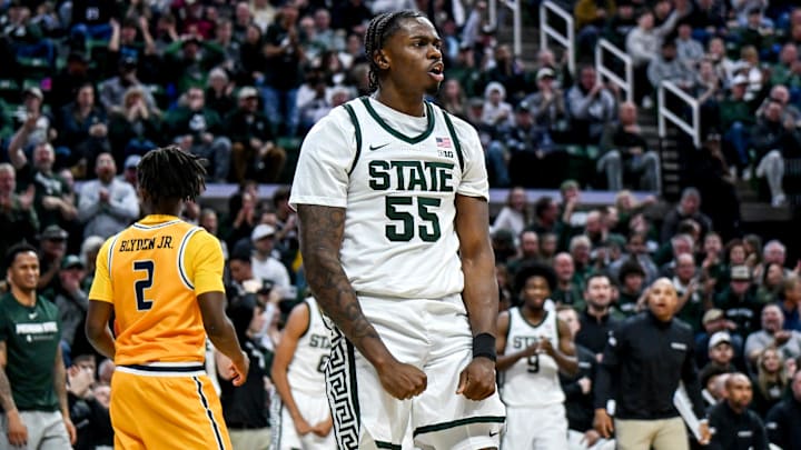 Michigan State's Coen Carr celebrates after a dunk against Toledo during the second half on Tuesday, Dec. 16, 2025, at the Breslin Center in East Lansing.