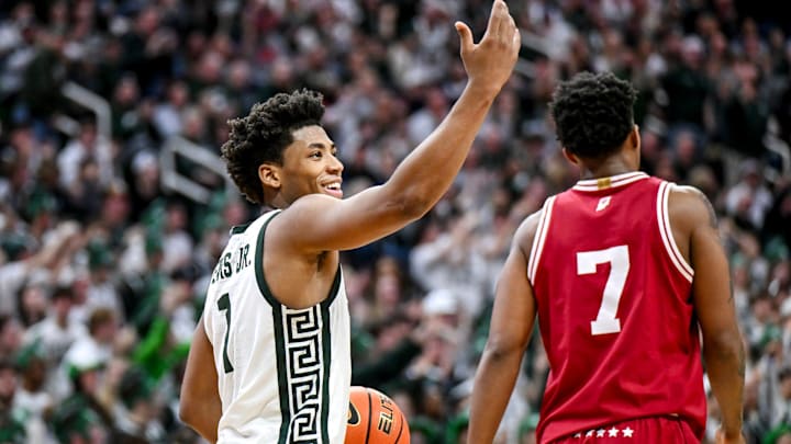 Michigan State's Jeremy Fears Jr., left, gets the crowd pumped up after an Indiana timeout during the second half on Tuesday, Jan. 13, 2026, at the Breslin Center in East Lansing.