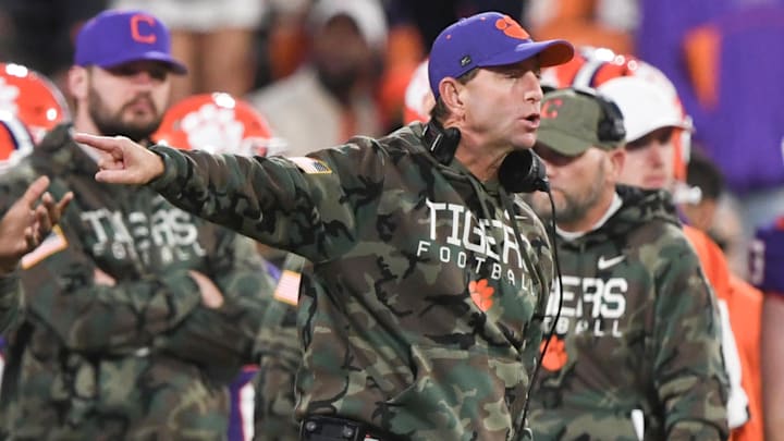 Nov 23, 2024; Clemson, South Carolina, USA; Clemson Tigers head coach Dabo Swinney communicates during a game against The Citadel Bulldogs at Memorial Stadium.