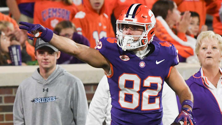 Nov 23, 2024; Clemson, South Carolina, USA; Clemson Tigers wide receiver Jackson Crosby (82) gets a first down after a catch against The Citadel Bulldogs during the third quarter at Memorial Stadium. 