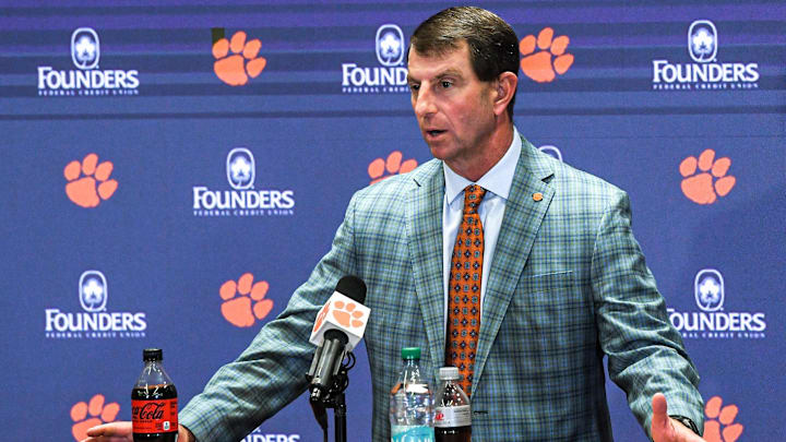 Nov 30, 2024; Clemson, South Carolina, USA; Clemson head coach Dabo Swinney talks at a press conference after the game  at Memorial Stadium.