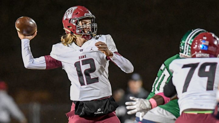 Westside High quarterback Cutter Woods (12) passes the ball during the first quarter at Easley High in Easley, S.C. Friday, October 21, 2022.

Westside High Football Vs Easley High Green Wave In Easley S C