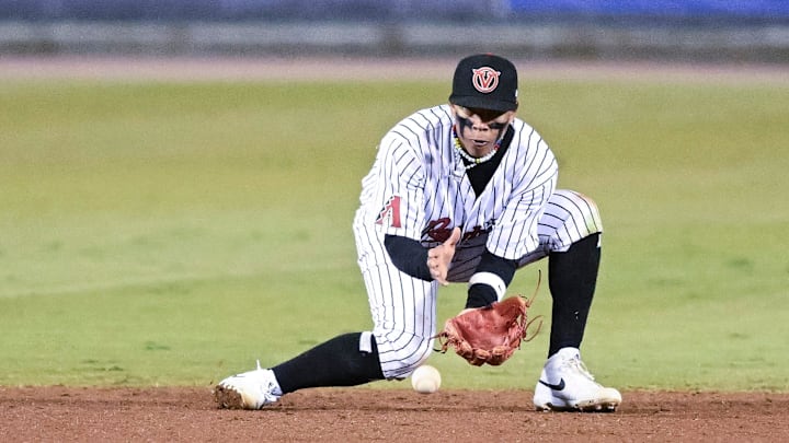 Visalia Rawhide's Cristofer Torin plays shortstop against San Jose Giants on Tuesday, April 9, 2024 for their opening home game.