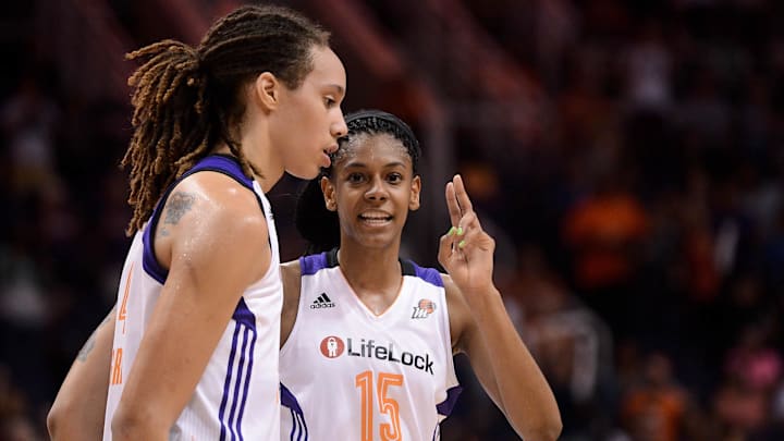 Sep 21, 2013; Phoenix, AZ, USA; Phoenix Mercury guard Briana Gilbreath (15) talks with center Brittney Griner (42) on the court in the game against the Los Angeles Sparks at US Airways Center. The Sparks defeated the Mercury 82-73. Mandatory Credit: Jennifer Stewart-Imagn Images Sep 21, 2013; Phoenix, AZ, USA; Phoenix Mercury guard Briana Gilbreath (15) talks with center Brittney Griner (42) on the court in the game against the Los Angeles Sparks at US Airways Center. The Sparks defeated the Mercury 82-73. Mandatory Credit: Jennifer Stewart-Imagn Images