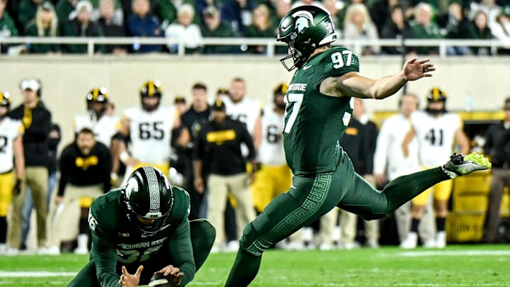 Michigan State's Jonathan Kim makes a field goal against Iowa in the second quarter on Saturday, Oct. 19, 2024, at Spartan Stadium in East Lansing. Michigan State's Jonathan Kim makes a field goal against Iowa in the second quarter on Saturday, Oct. 19, 2024, at Spartan Stadium in East Lansing.