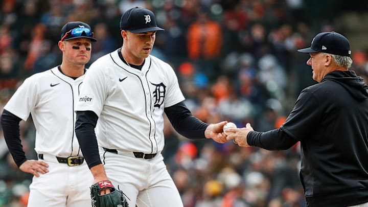 Detroit Tigers pitcher Tarik Skubal (29) hands the game ball to manager A.J. Hinch (14) during pitching change during the seventh inning of the home opening day at Comerica Park in Detroit on Friday, April 5, 2024. Detroit Tigers pitcher Tarik Skubal (29) hands the game ball to manager A.J. Hinch (14) during pitching change during the seventh inning of the home opening day at Comerica Park in Detroit on Friday, April 5, 2024.