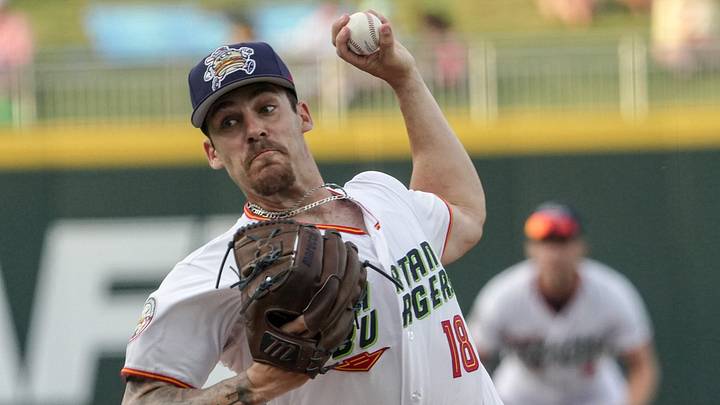 Spartanburgers pitcher Dalton Pence (18) pitches to Frederick Keys during the season opening game at Fifth Third Park in Spartanburg, SC, Friday, April 3, 2026. Spartanburgers pitcher Dalton Pence (18) pitches to Frederick Keys during the season opening game at Fifth Third Park in Spartanburg, SC, Friday, April 3, 2026.