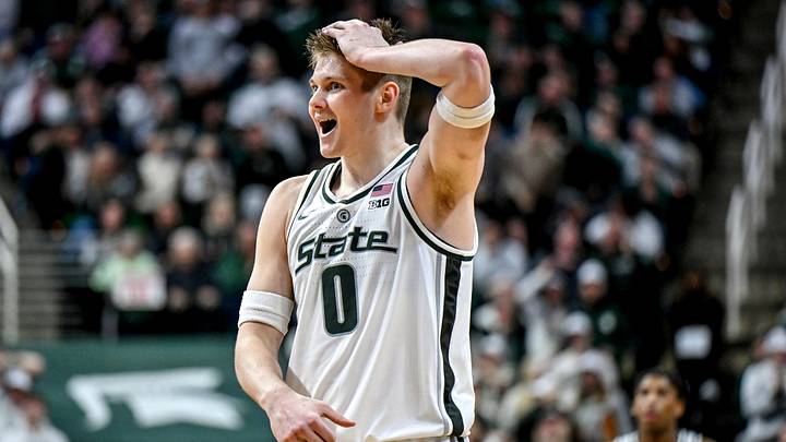 Michigan State's Jaxon Kohler reacts to Coen Carr's dunk against Maryland during the second half on Saturday, Jan. 24, 2026, at the Breslin Center in East Lansing. Michigan State's Jaxon Kohler reacts to Coen Carr's dunk against Maryland during the second half on Saturday, Jan. 24, 2026, at the Breslin Center in East Lansing.