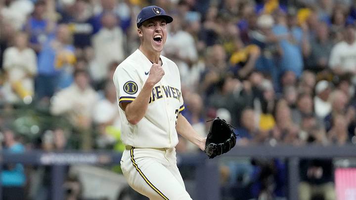 Milwaukee Brewers pitcher Jacob Misiorowski (32) reacts to the final out of the fourth inning of their National League Championship Series game against the Los Angeles Dodgers at American Family Field on Oct 11, 2026.