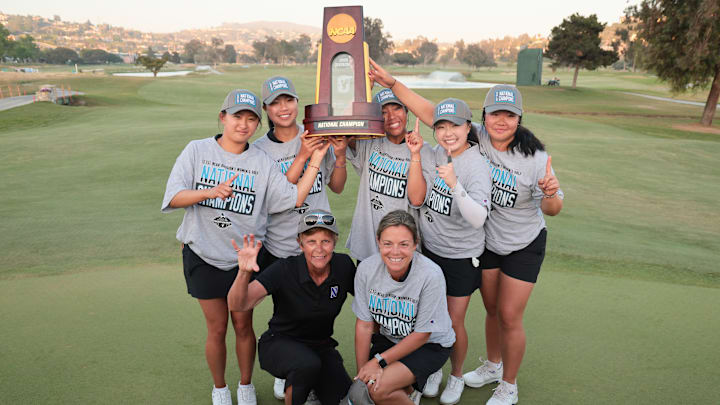Northwestern Women's Golf poses with NCAA Championship trophy. Northwestern Women's Golf poses with NCAA Championship trophy.