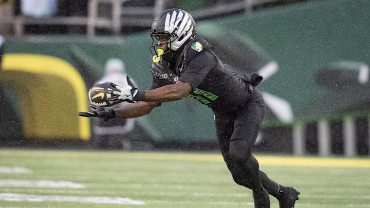 Oregon wide receiver Jeremiah McClellan hauls in a short pass as the Oregon Ducks host the Wisconsin Badgers on Oct. 25, 2025, at Autzen Stadium in Eugene, Oregon.