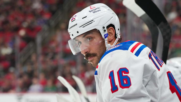 Nov 26, 2025; Raleigh, North Carolina, USA; New York Rangers center Vincent Trocheck (16) looks on from the players bench against the Carolina Hurricanes during the first period at Lenovo Center. Mandatory Credit: James Guillory-Imagn Images Nov 26, 2025; Raleigh, North Carolina, USA; New York Rangers center Vincent Trocheck (16) looks on from the players bench against the Carolina Hurricanes during the first period at Lenovo Center. Mandatory Credit: James Guillory-Imagn Images