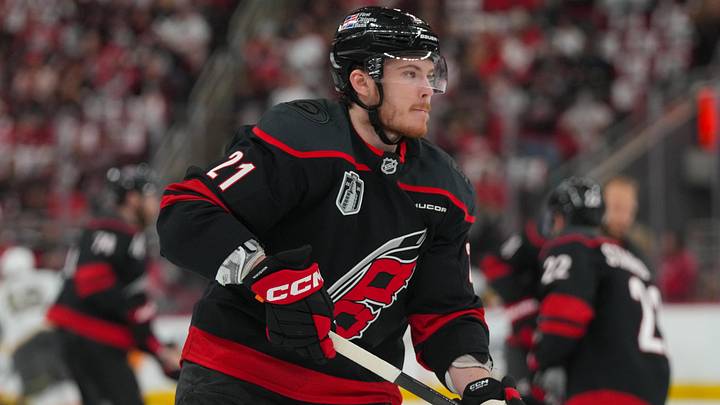 Jun 4, 2026; Raleigh, North Carolina, USA; Carolina Hurricanes defenseman Alexander Nikishin (21) skates against the Vegas Golden Knights during the warmups in game two of the 2026 Stanley Cup Final at Lenovo Center.