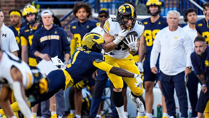 Michigan safety Rod Moore Jr. (1) tackles Iowa tight end DJ Vonnahme (81) during the second half at Michigan Stadium in Ann Arbor on Saturday, Sept. 26, 2026. Michigan safety Rod Moore Jr. (1) tackles Iowa tight end DJ Vonnahme (81) during the second half at Michigan Stadium in Ann Arbor on Saturday, Sept. 26, 2026.