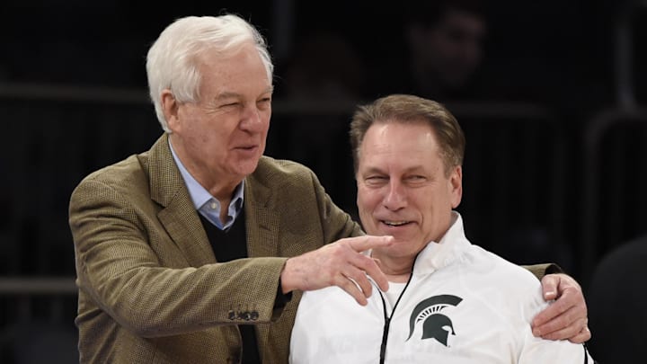 Mar 27, 2014; New York, NY, USA; Michigan State Spartans head coach Tom Izzo and CBS announcer Bill Raftery talk during practice for the east regional of the 2014 NCAA Tournament at Madison Square Garden. Mandatory Credit: Robert Deutsch-Imagn Images