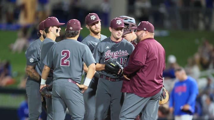 Texas A&M has a mound conference during an NCAA baseball game against Florida at Condron Family Ballpark at Alfred A. McKethan Field in Gainesville, FL on Friday, April 24, 2026.