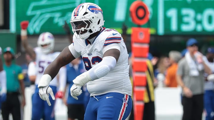 Sep 14, 2025; East Rutherford, New Jersey, USA; Buffalo Bills defensive tackle Zion Logue (93) reacts after a sack against the New York Jets