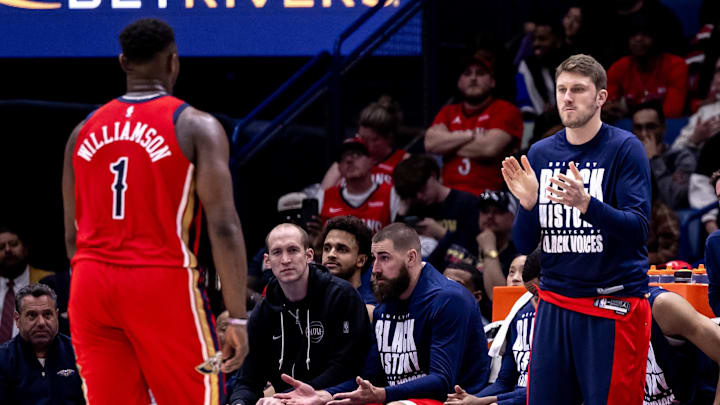 Feb 14, 2024; New Orleans, Louisiana, USA;  New Orleans Pelicans forward Matt Ryan (37) claps for