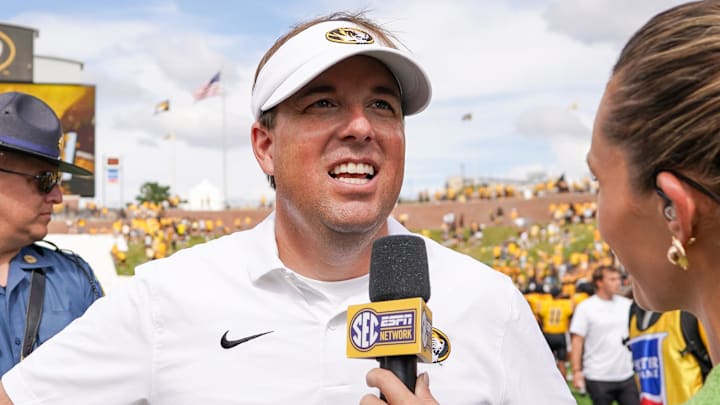 Sep 14, 2024; Columbia, Missouri, USA; Missouri Tigers head coach Eli Drinkwitz speaks to a reporter after the win over the Boston College Eagles at Faurot Field at Memorial Stadium. Mandatory Credit: Denny Medley-Imagn Images