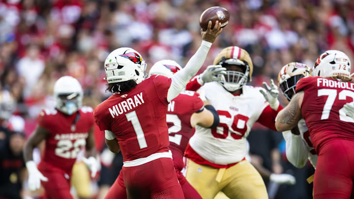 Jan 5, 2025; Glendale, Arizona, USA; Arizona Cardinals quarterback Kyler Murray (1) against the San Francisco 49ers at State Farm Stadium. Jan 5, 2025; Glendale, Arizona, USA; Arizona Cardinals quarterback Kyler Murray (1) against the San Francisco 49ers at State Farm Stadium.