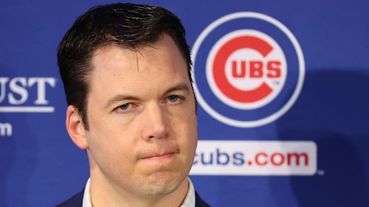 Chicago Cubs general manager Carter Hawkins addresses the media.