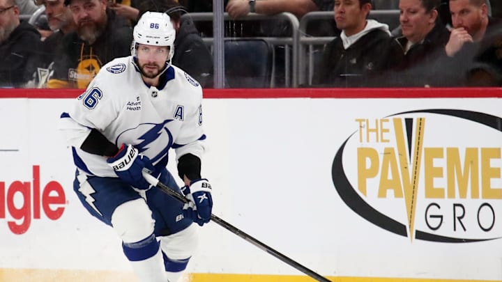 Nov 19, 2024; Pittsburgh, Pennsylvania, USA;  Tampa Bay Lightning right wing Nikita Kucherov (86) handles the puck against the Pittsburgh Penguins during the third period at PPG Paints Arena. Mandatory Credit: Charles LeClaire-Imagn Images