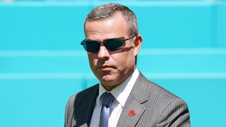 Buffalo Bills general manager Brandon Beane walks onto the field prior to the game between the Miami Dolphins and the Buffalo Bills at Hard Rock Stadium.