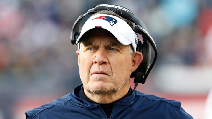 Dec 29, 2019; Foxborough, Massachusetts, USA; New England Patriots head coach Bill Belichick looks on during the first half against the Miami Dolphins at Gillette Stadium. Mandatory Credit: Winslow Townson-Imagn Images