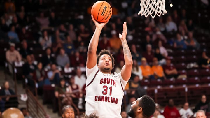 Mar 3, 2026; Columbia, South Carolina, USA; South Carolina Gamecocks forward Elijah Strong (31) shoots against the Tennessee Volunteers in the first half at Colonial Life Arena. Mandatory Credit: Jeff Blake-Imagn Images