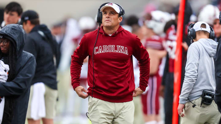 Nov 11, 2023; Columbia, South Carolina, USA; South Carolina Gamecocks head coach Shane Beamer directs his team against the Vanderbilt Commodores in the second quarter at Williams-Brice Stadium. Mandatory Credit: Jeff Blake-USA TODAY Sports