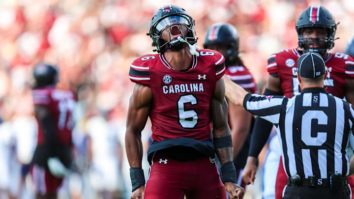 Aug 31, 2024; Columbia, South Carolina, USA; South Carolina Gamecocks edge Dylan Stewart (6) celebrates after a sack against the Old Dominion Monarchs in the second quarter at Williams-Brice Stadium. Mandatory Credit: Jeff Blake-Imagn Images