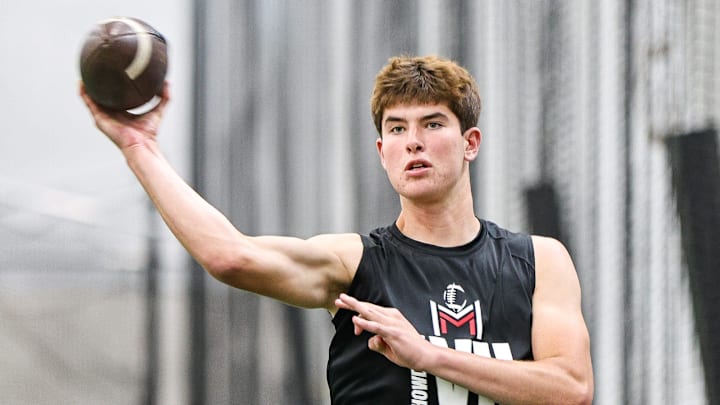 Hingham's Peter Bourque, of Tabor Academy, throws the ball at the M2 QB Academy's seventh annual Showdown Camp at Bryant University in Smithfield, Rhode Island on Saturday, June 7, 2025.