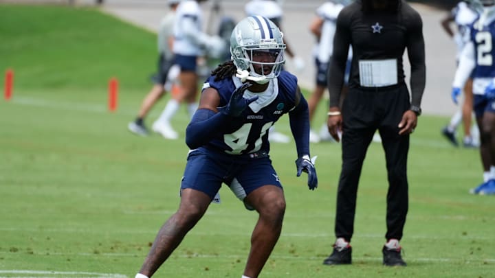 Dallas Cowboys cornerback Caelen Carson goes through a drill during practice at the Ford Center at the Star Training Facility.