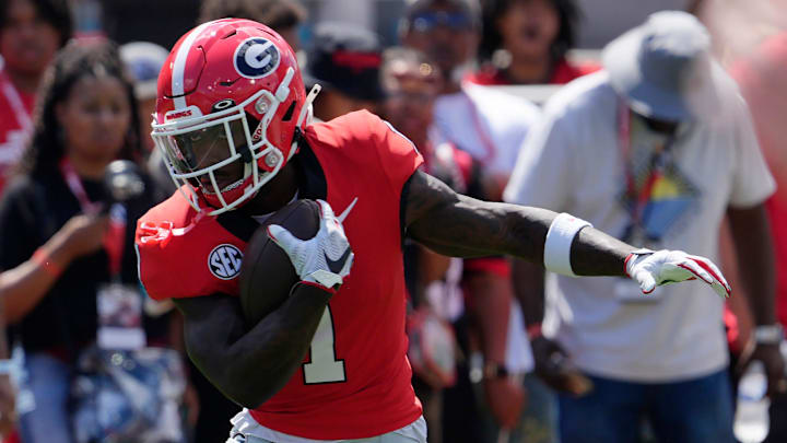 Georgia wide receiver Zachariah Branch (1) warms up before the start of a NCAA college football game against Marshall in Athens, Ga., on Saturday, August. 30, 2025.