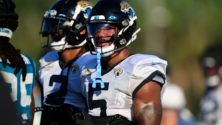Jacksonville Jaguars safety Andre Cisco (5) looks on during training camp Monday, Aug.