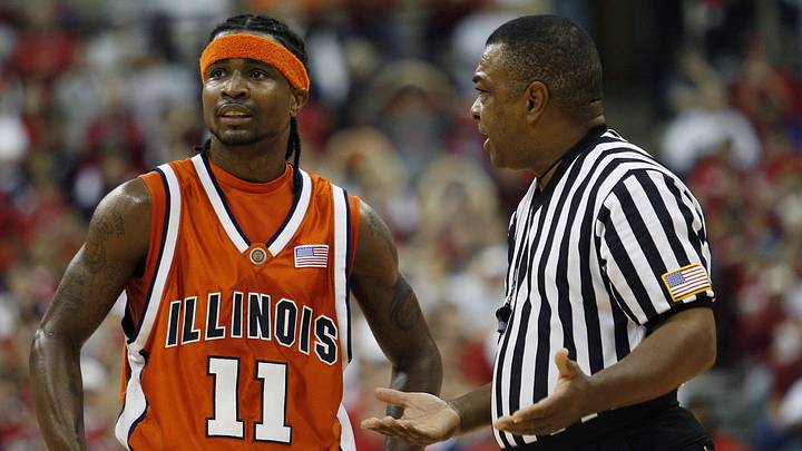 Feb  12, 2006; Columbus, OH, USA; Illinois Fighting Illini guard (11) Dee Brown talks to a ref during a free throw for the Ohio State Buckeyes in the first half at Value City Arena. Buckeyes beat the Fighting Illini 69-53. Mandatory Credit: Photo By Matthew Emmons- USA TODAY Sports Copyright © 2006 Matthew Emmons