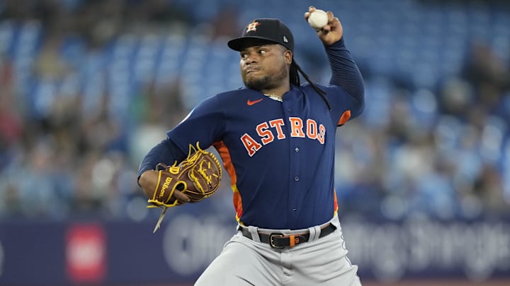Framber Valdez of Houston Astros throws pitch against Toronto Blue Jays.