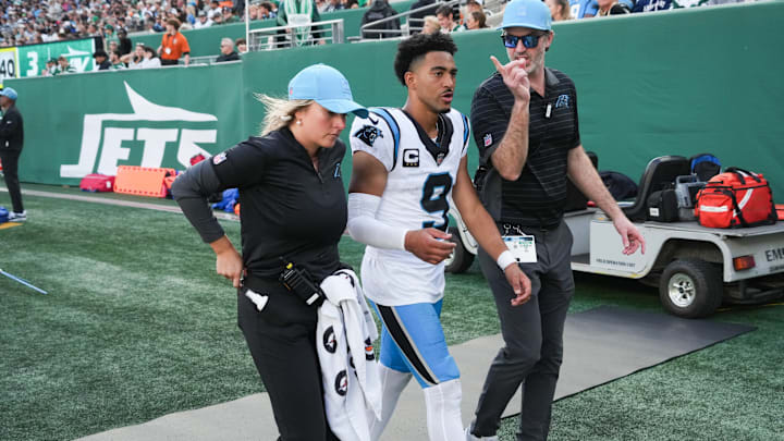 Oct 19, 2025; East Rutherford, New Jersey, USA; Carolina Panthers quarterback Bryce Young (9) exits the field during the third quarter against the New York Jets at MetLife Stadium. Oct 19, 2025; East Rutherford, New Jersey, USA; Carolina Panthers quarterback Bryce Young (9) exits the field during the third quarter against the New York Jets at MetLife Stadium.