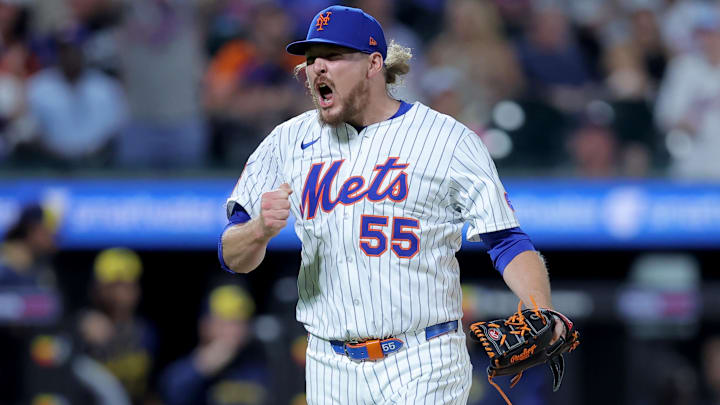 Jul 3, 2025; New York City, New York, USA; New York Mets relief pitcher Ryne Stanek (55) reacts during the eighth inning against the Milwaukee Brewers at Citi Field. Mandatory Credit: Brad Penner-Imagn Images
