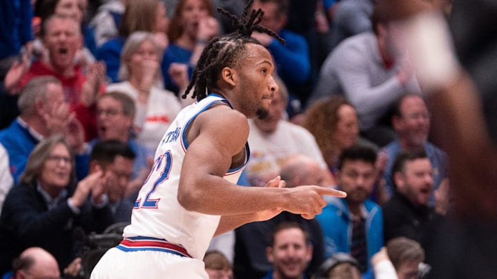 Kansas Jayhawks guard Darryn Peterson (22) looks back after a basket made against Baylor Bears during the game inside Allen Fieldhouse on Jan. 16, 2026.