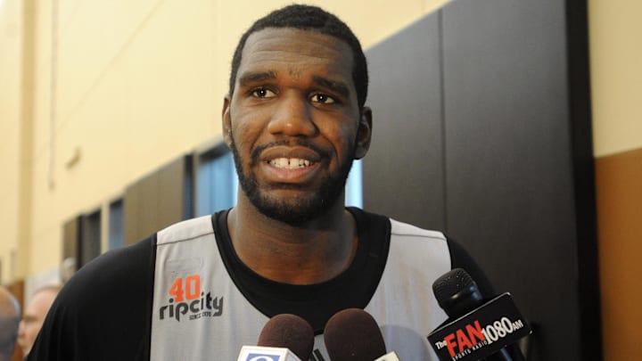 Sept 29, 2009; Tualatin, OR, USA; Portland Trailblazers center Greg Oden (52) speaks with the media after workouts at the Blazers camp at their practice facility in Tualatin, OR. Mandatory Credit: Steve Dykes-Imagn Images