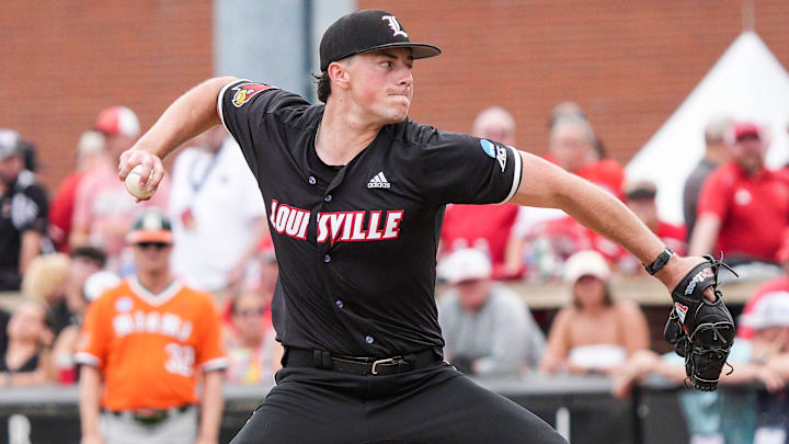 Louisville pitcher Patrick Forbes (1) had nine strikeouts with four walks to secure the 8-1 win over Miami in the NCAA baseball Super Regional game at Jim Patterson Stadium in Louisville, Kentucky Friday afternoon. The Cards need to win one more game to reach the College World Series. June 6, 2025 Louisville pitcher Patrick Forbes (1) had nine strikeouts with four walks to secure the 8-1 win over Miami in the NCAA baseball Super Regional game at Jim Patterson Stadium in Louisville, Kentucky Friday afternoon. The Cards need to win one more game to reach the College World Series. June 6, 2025
