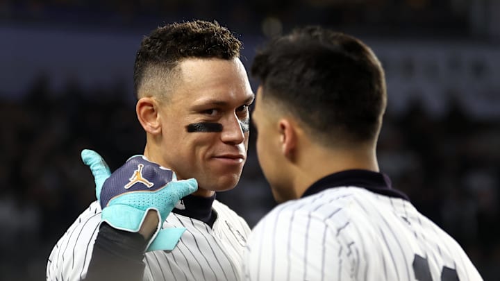 Oct 29, 2024; Bronx, New York, USA; New York Yankees outfielder Aaron Judge (99) in the dug out between innings during game four of the 2024 MLB World Series at Yankee Stadium. Mandatory Credit: Vincent Carchietta-Imagn Images