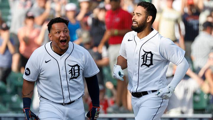 Detroit Tigers center fielder Riley Greene (31) receives congratulations from designated hitter Miguel Cabrera (24) after he hits a game-winning home run. Credit: Rick Osentoski-USA TODAY Sports Detroit Tigers center fielder Riley Greene (31) receives congratulations from designated hitter Miguel Cabrera (24) after he hits a game-winning home run. Credit: Rick Osentoski-USA TODAY Sports